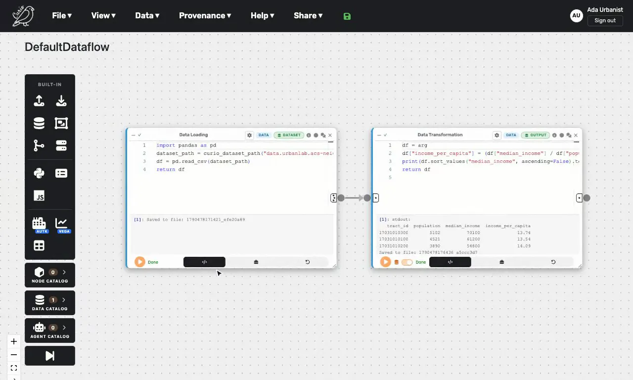 A Data Loading node connected to a Data Transformation node