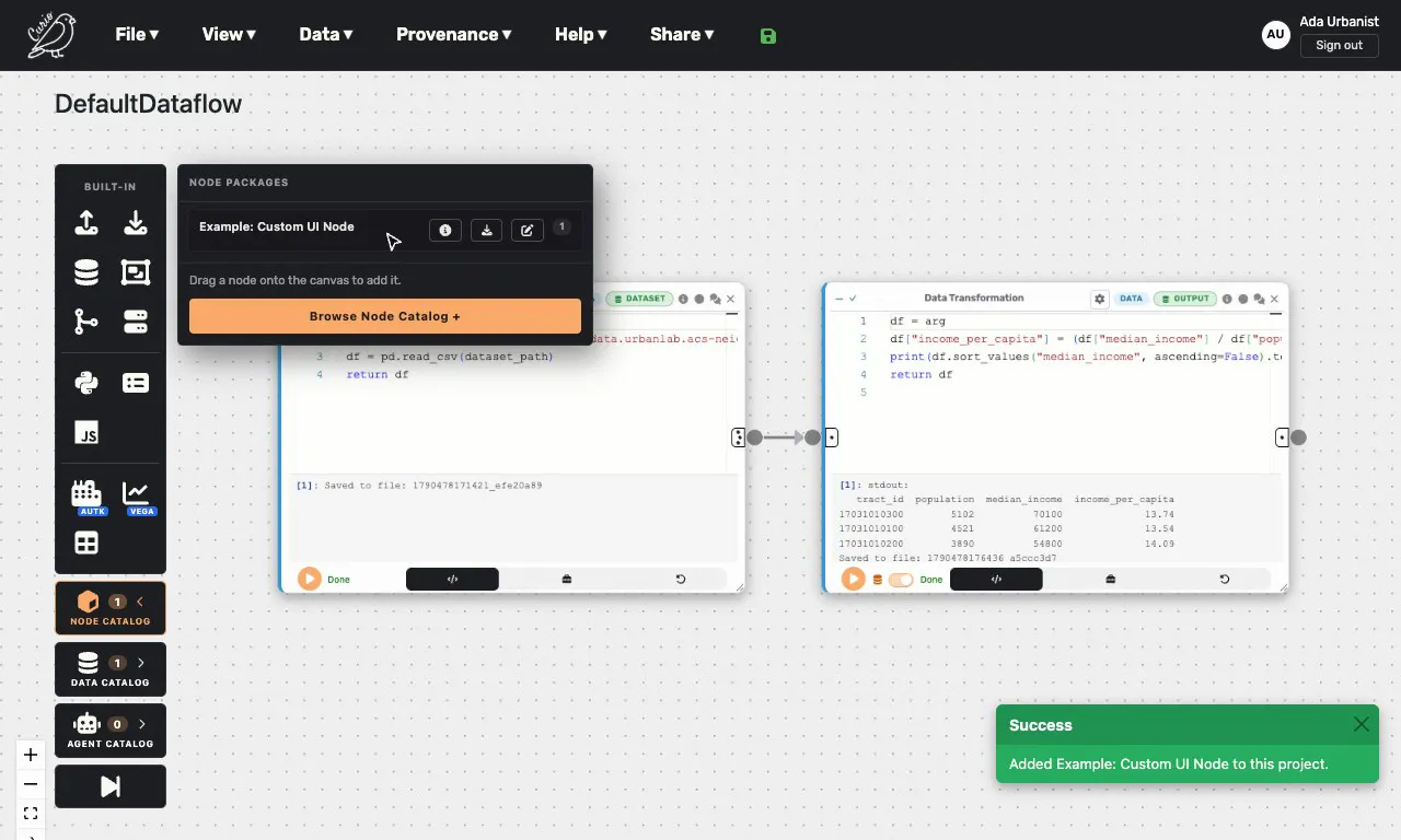 The Node Catalog drawer