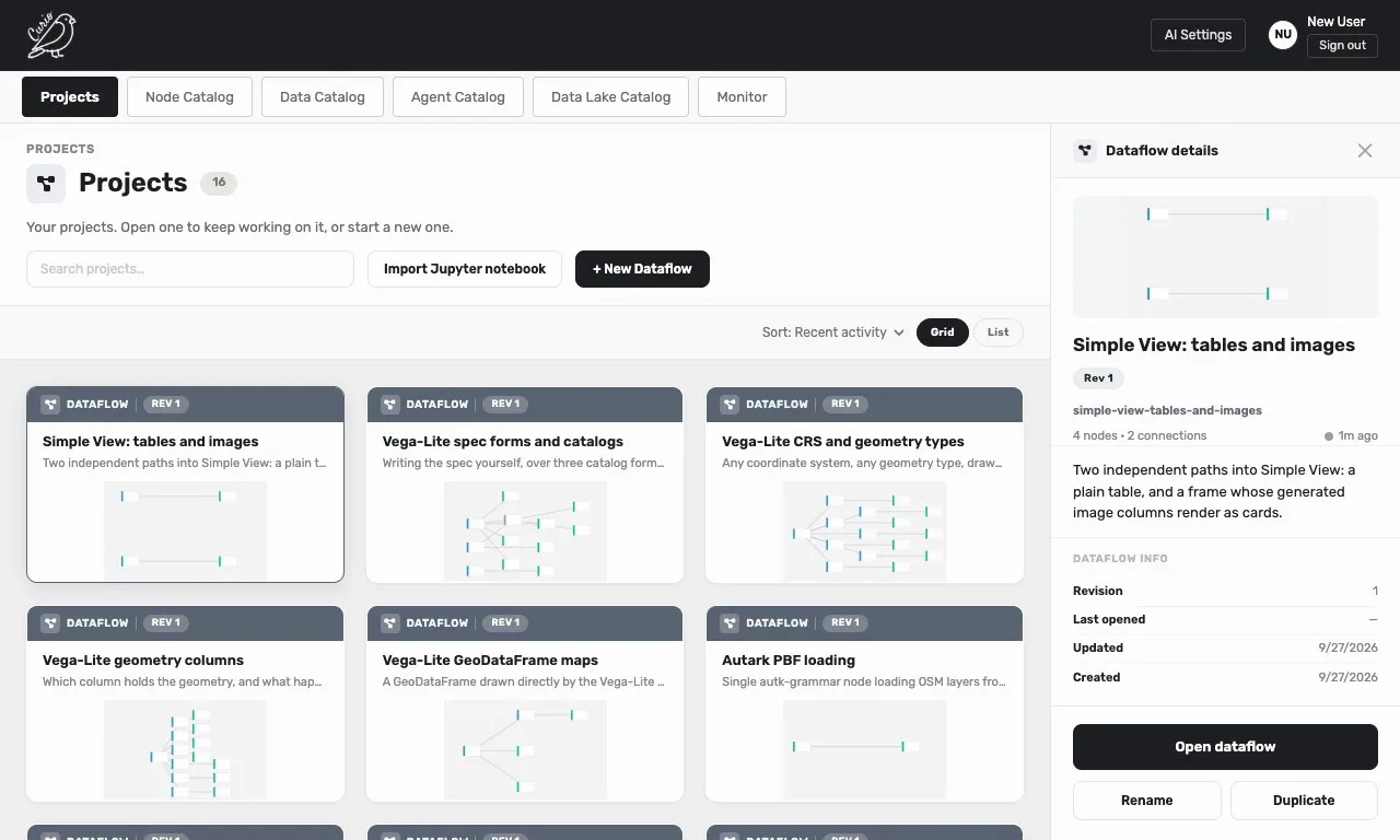 The Projects page with example dataflows
