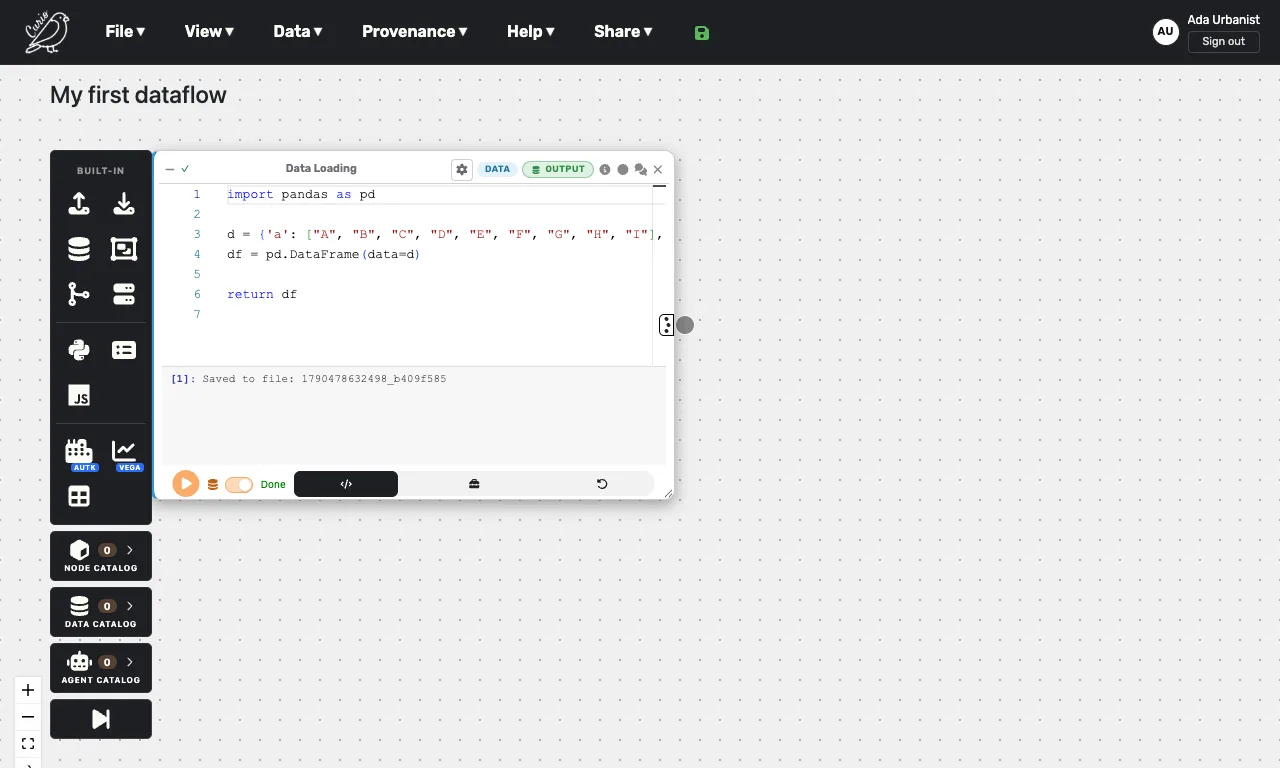 A Data Loading node with the table code