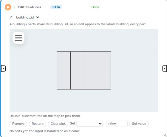 An Edit Features node with a map of three building parts